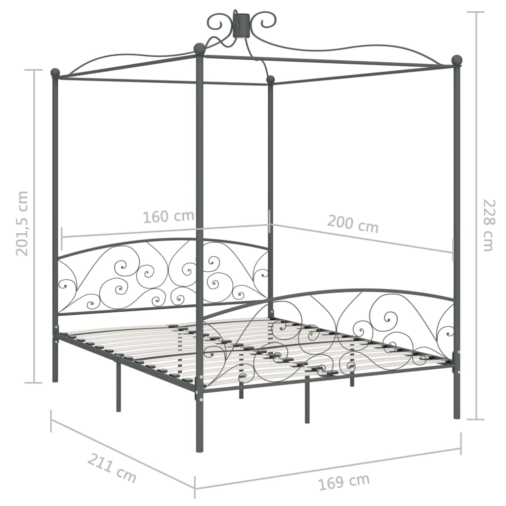 284484 vidaXL Canopy Bed Frame without Mattress Grey Metal 160x200 cm