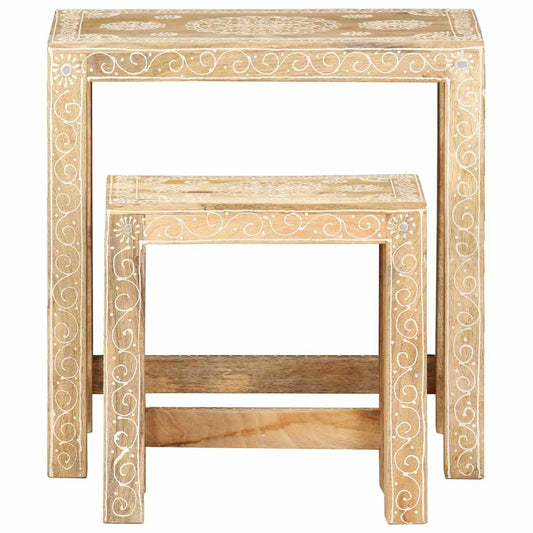 285881 vidaXL 2 Piece Hand-painted Side Table Set Solid Mango Wood
