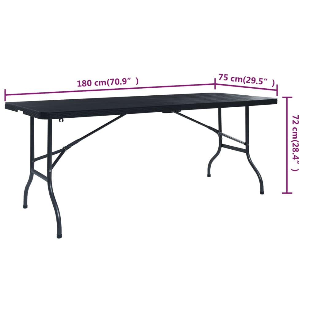 vidaXL Folding Garden Table Black 180x75x72 cm HDPE Imitation Rattan