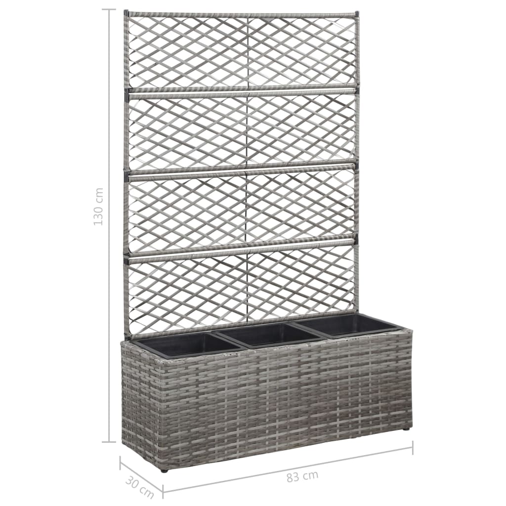 46935 vidaXL Trellis Raised Bed with 3 Pots 83x30x130 cm Poly Rattan Grey