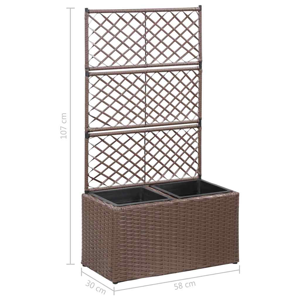 46937 vidaXL Trellis Raised Bed with 2 Pots 58x30x107 cm Poly Rattan Brown