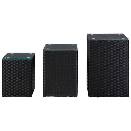46984 vidaXL Side Tables 3 pcs with Glass Top Black Poly Rattan
