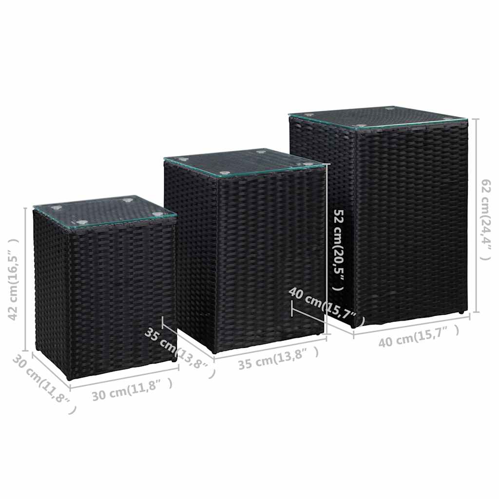 46984 vidaXL Side Tables 3 pcs with Glass Top Black Poly Rattan