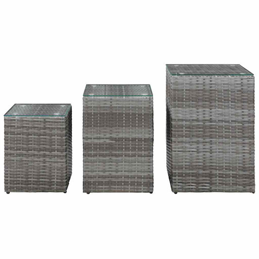 46985 vidaXL Side Tables 3 pcs with Glass Top Grey Poly Rattan
