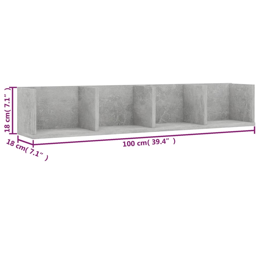 vidaXL CD Wall Shelf Concrete Grey 100x18x18 cm Engineered Wood