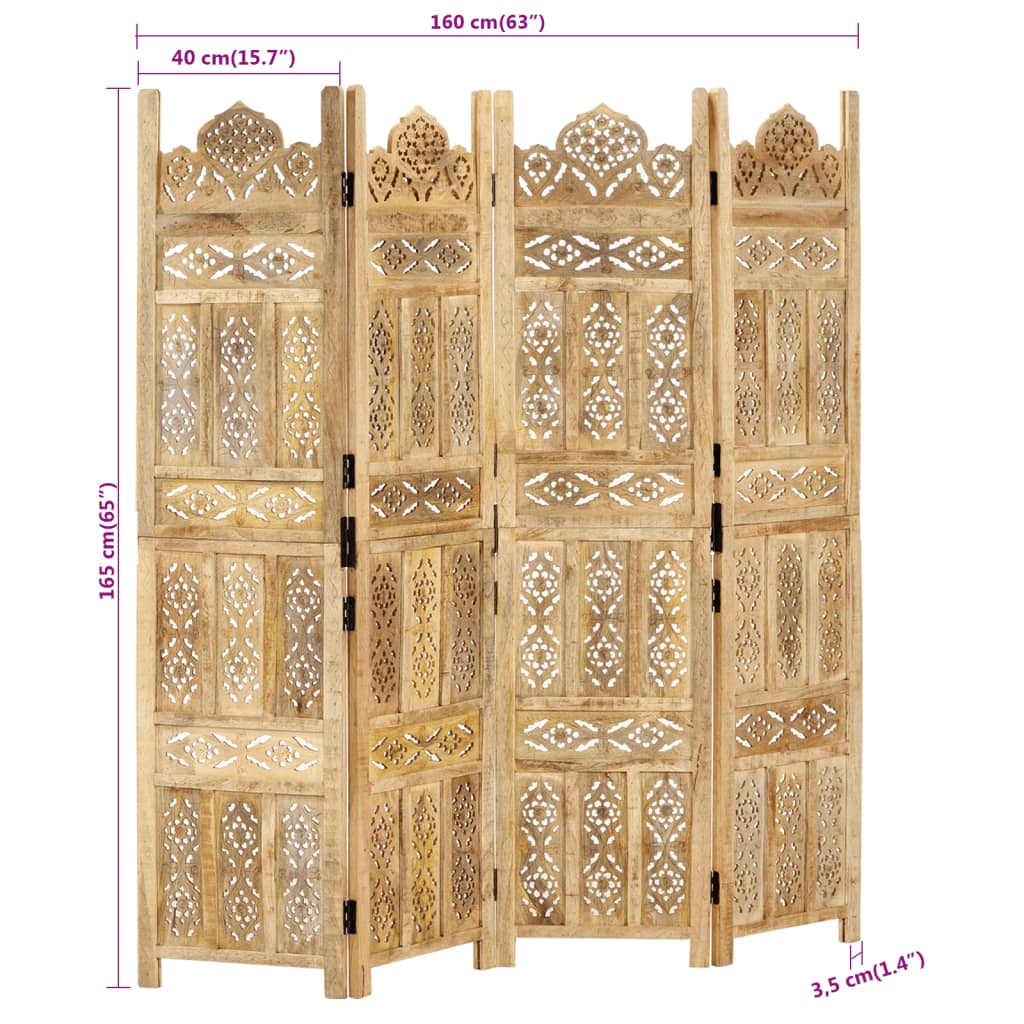 vidaXL Hand carved 4-Panel Room Divider 160x165 cm Solid Mango Wood