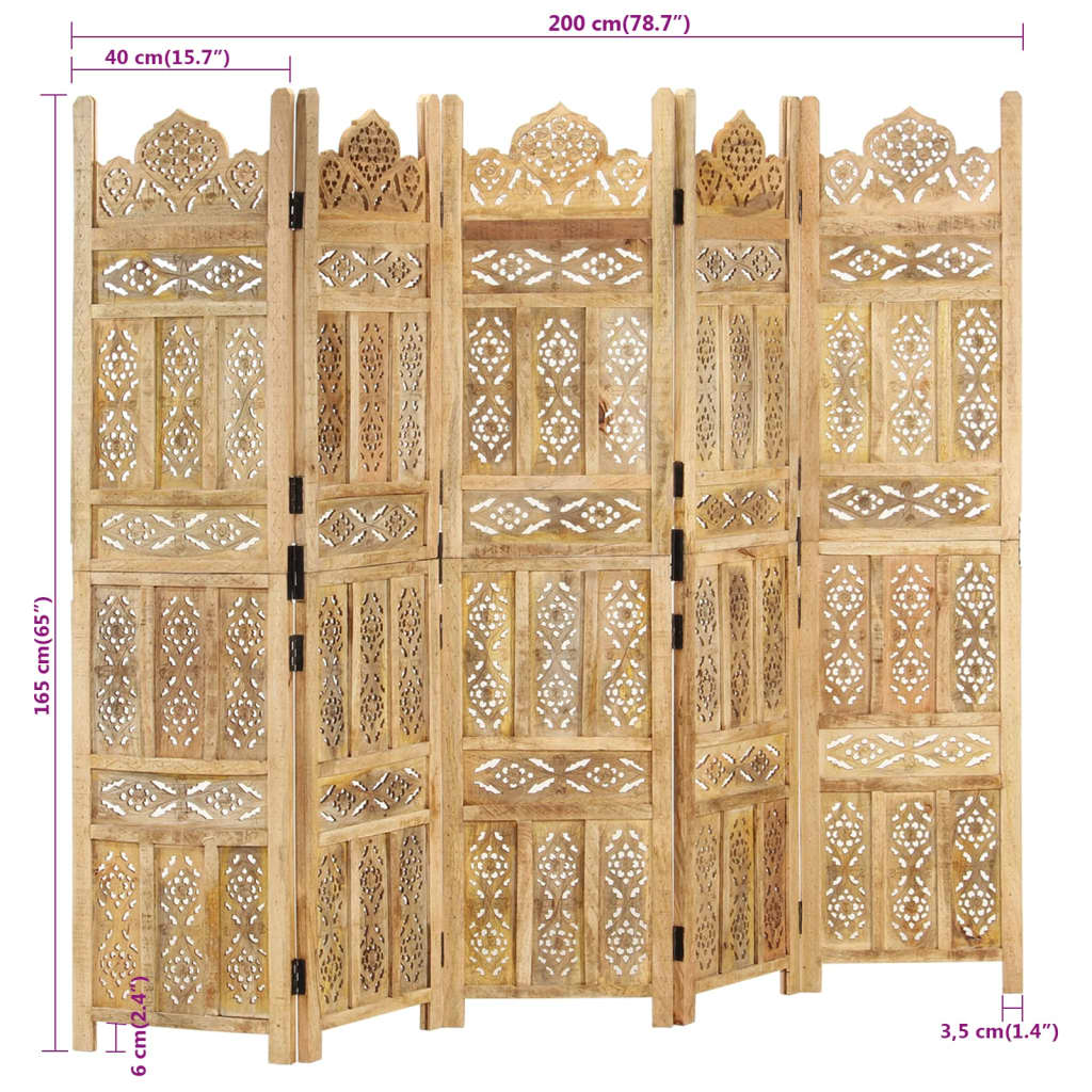 vidaXL Hand carved 5-Panel Room Divider 200x165 cm Solid Mango Wood