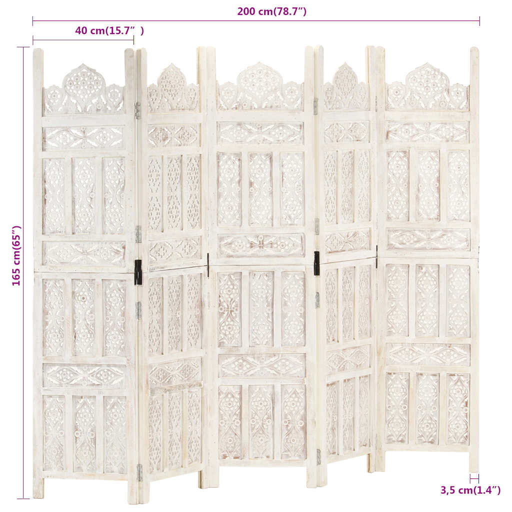 vidaXL Hand carved 5-Panel Room Divider White 200x165 cm