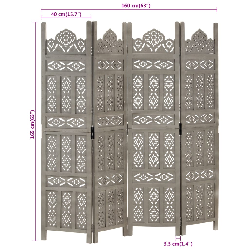 vidaXL Hand carved 4-Panel Room Divider Grey 160x165 cm