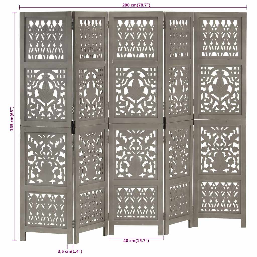 vidaXL Hand Carved 5-Panel Room Divider Grey 200x165 cm