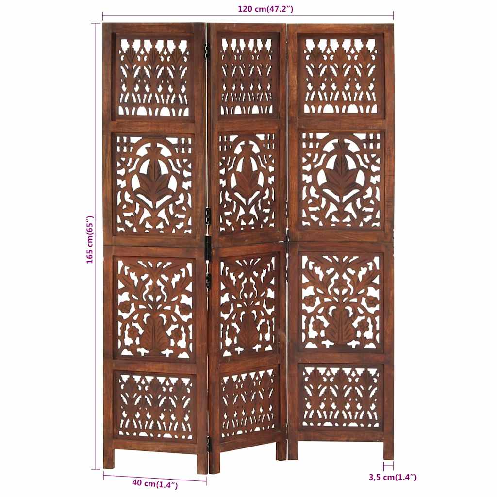 vidaXL Hand Carved 3-Panel Room Divider Brown 120x165 cm Solid Mango Wood