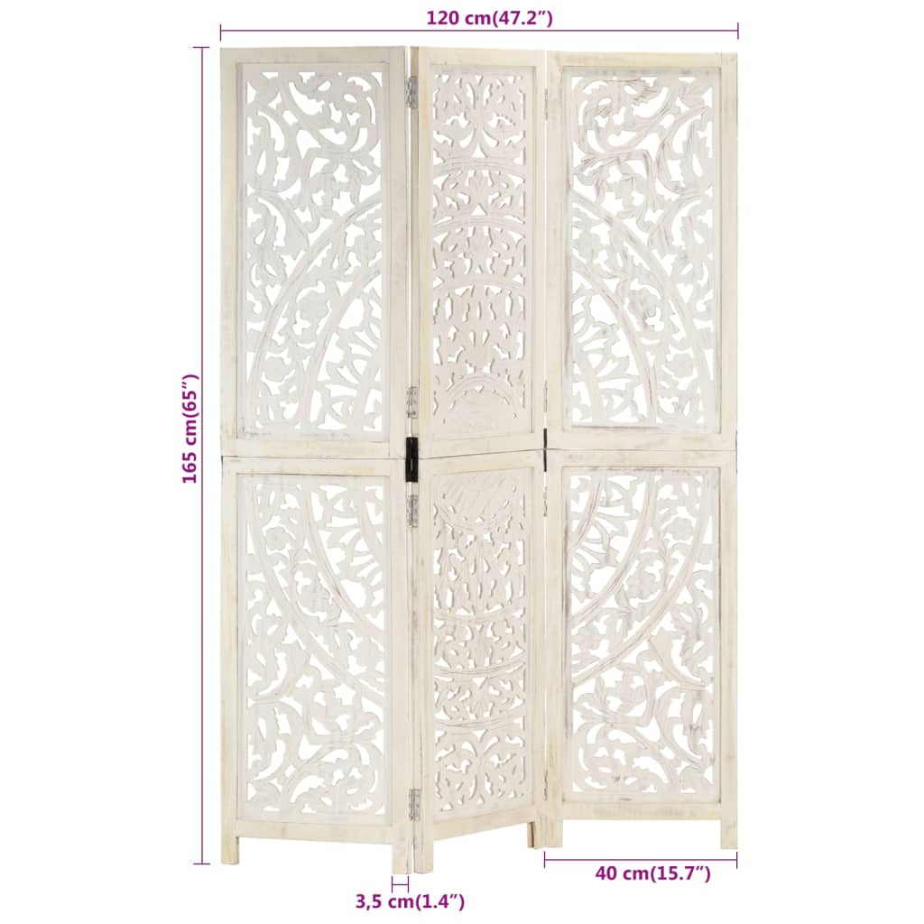 vidaXL Hand carved 3-Panel Room Divider White 120x165 cm Solid Mango Wood