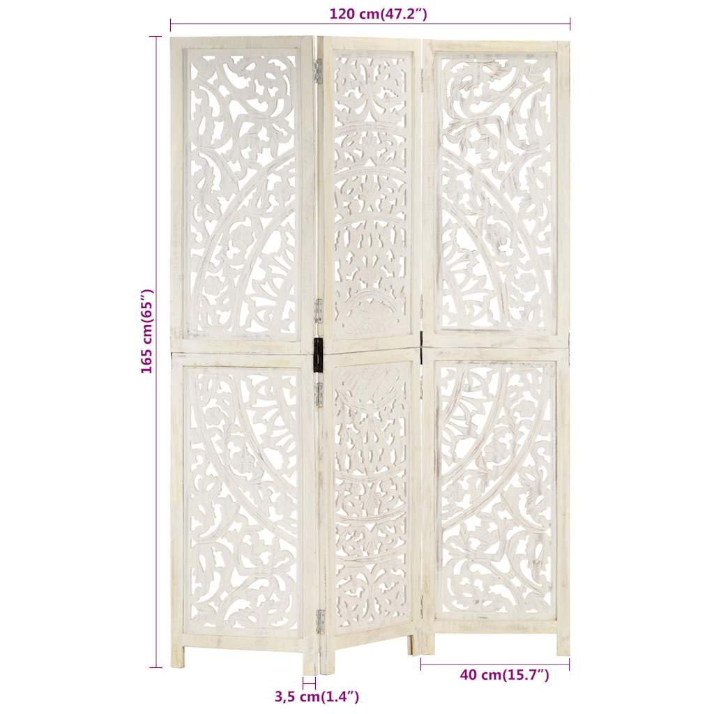 vidaXL Hand carved 3-Panel Room Divider White 120x165 cm