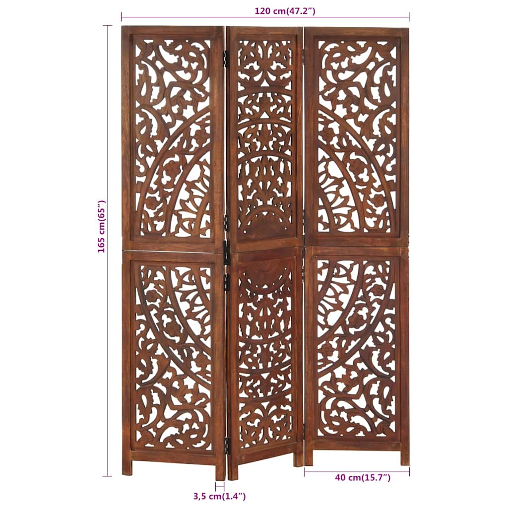 vidaXL Hand carved 3-Panel Room Divider Brown 120x165 cm