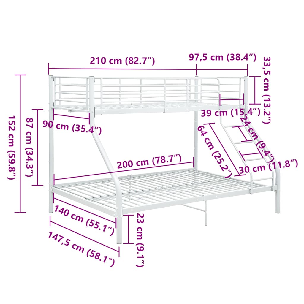 vidaXL Bunk Bed Frame without Mattress White Metal 140x200cm/90x200cm