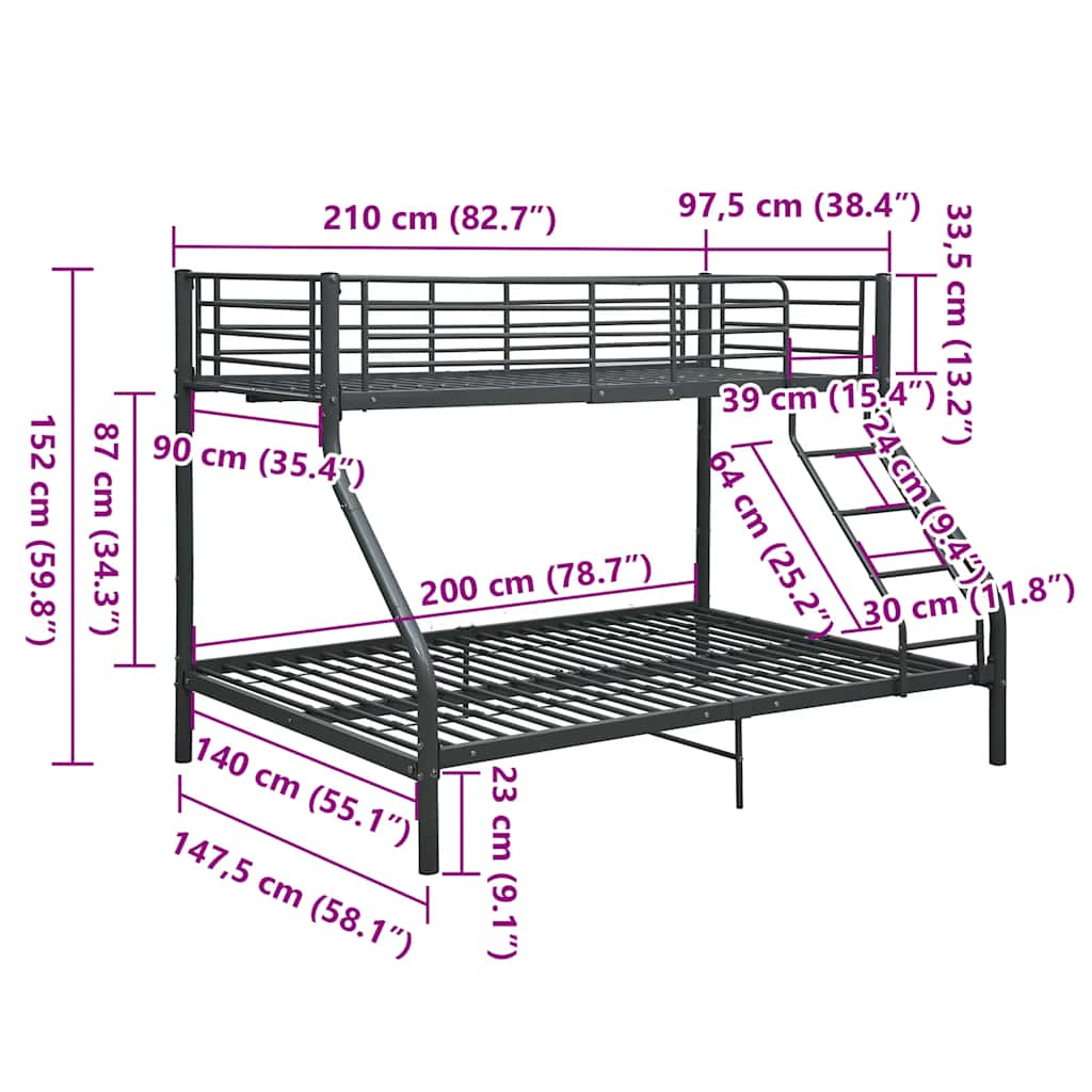 vidaXL Bunk Bed Frame without Mattress Black Metal 140x200 cm/90x200 cm