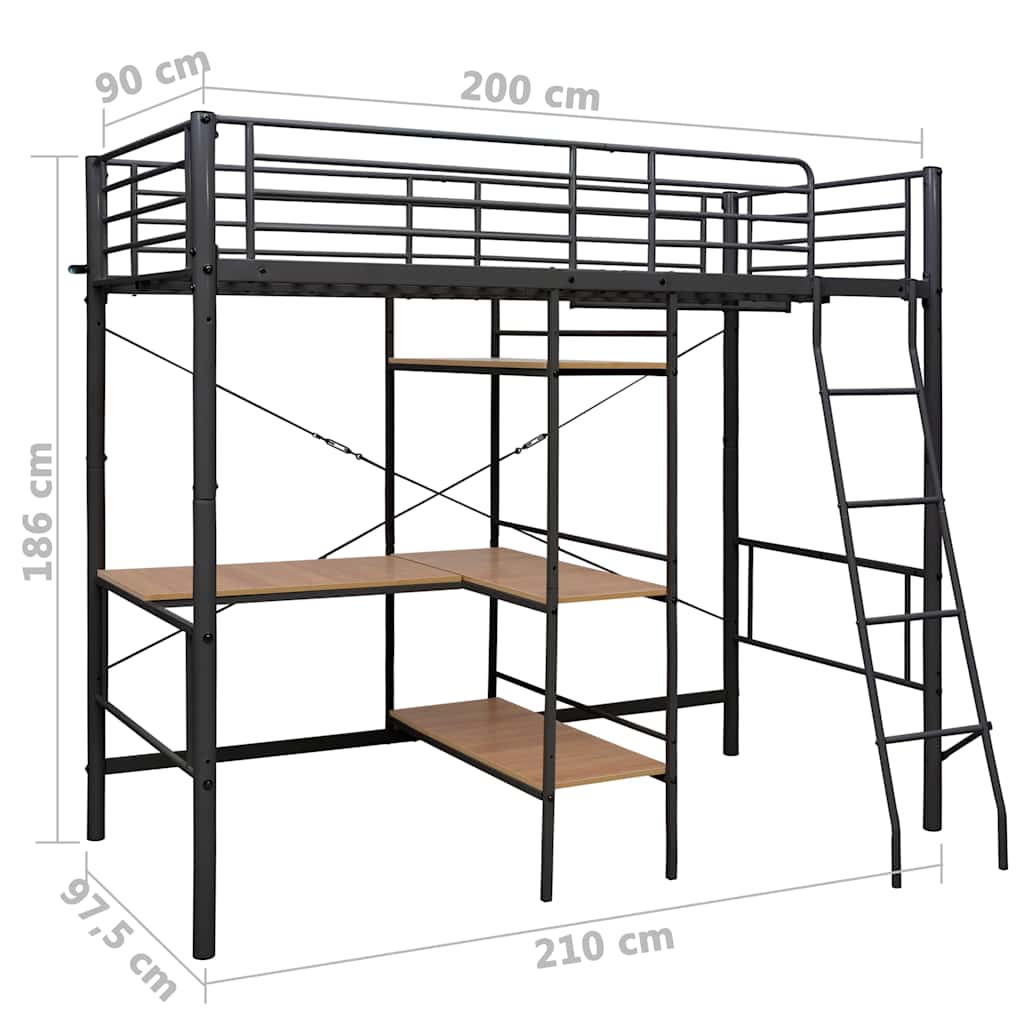 vidaXL Bunk Bed with Table without Mattress Grey Metal 90x200 cm