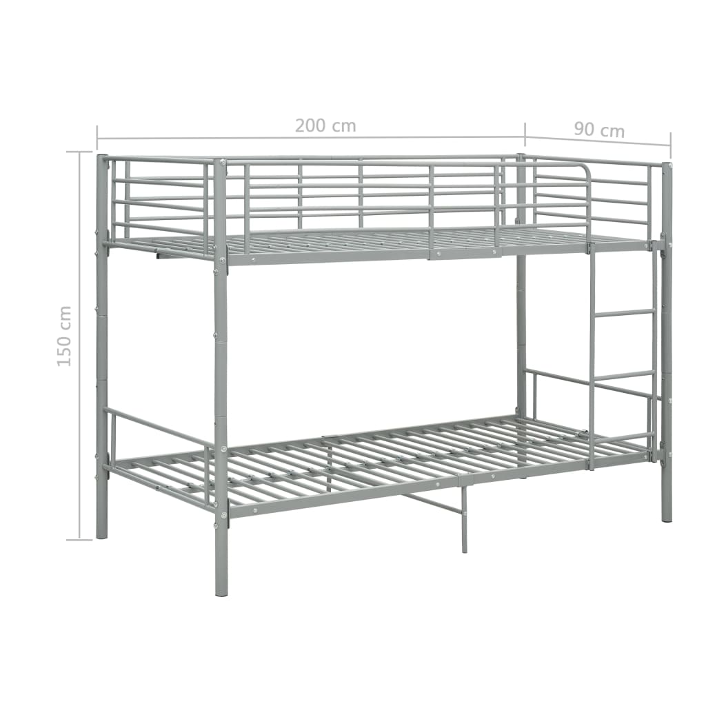 vidaXL Bunk Bed | Grey | Metal | 90x200 cm | Durable | Bunk Bed | Rectangular