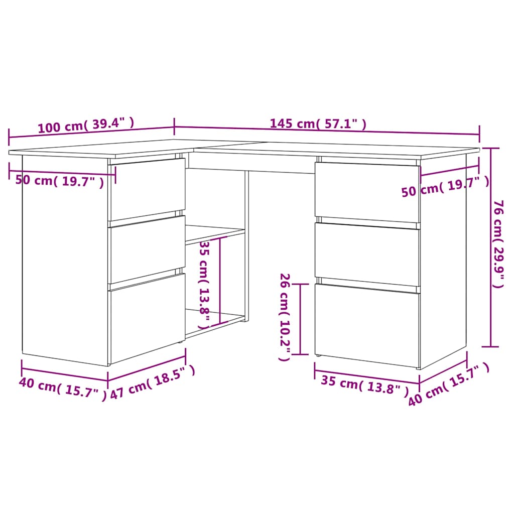 801089 vidaXL Corner Desk White 145x100x76 cm Engineered Wood