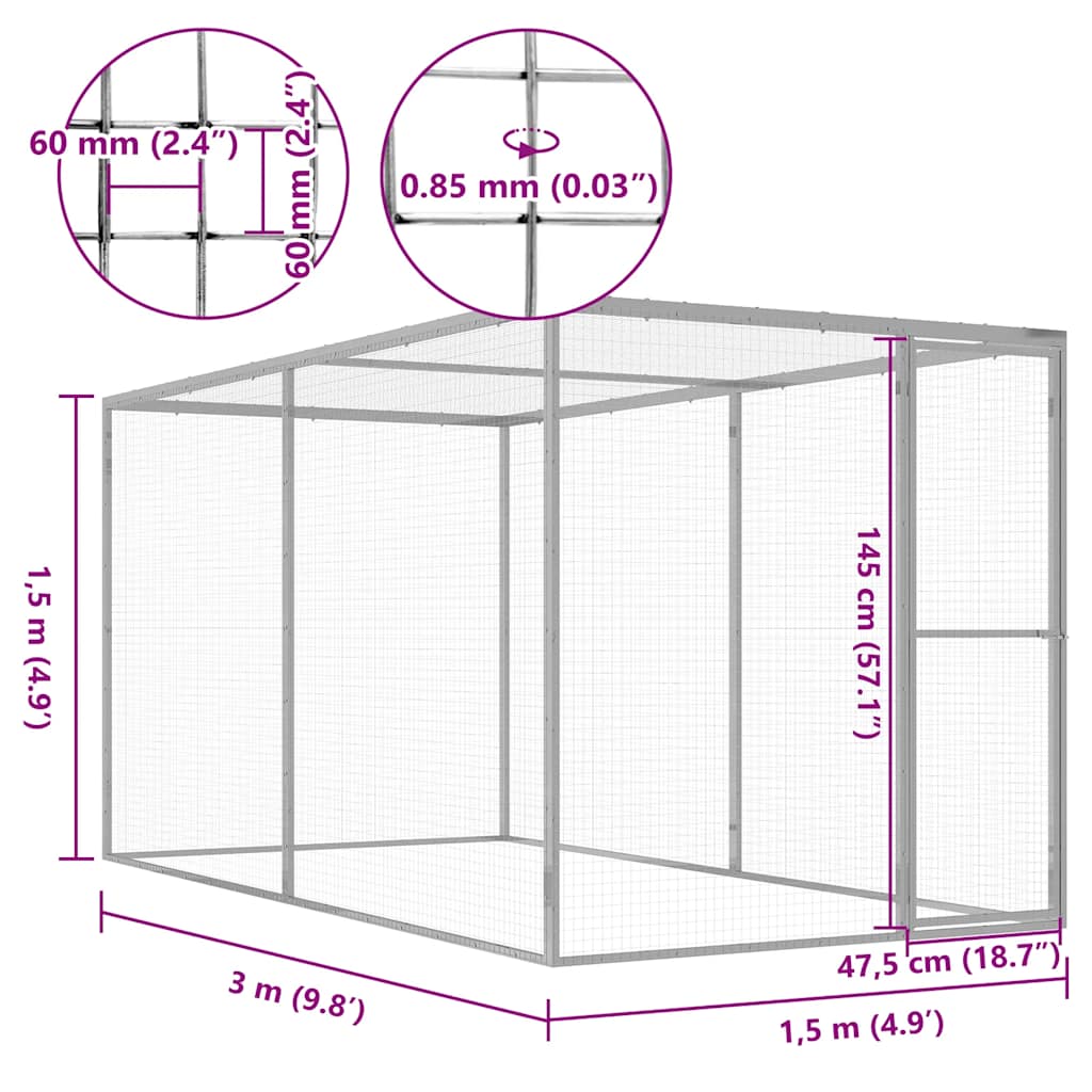 vidaXL Cat Cage | Silver | Galvanised steel | 3x1.5x1.5 metres | Durable