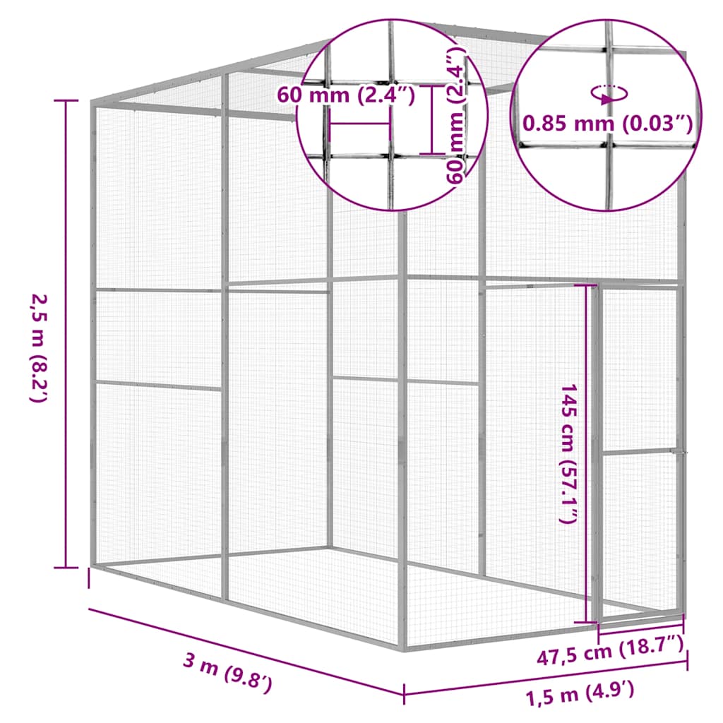 vidaXL Cat Cage 3x1.5x2.5 m Galvanised Steel