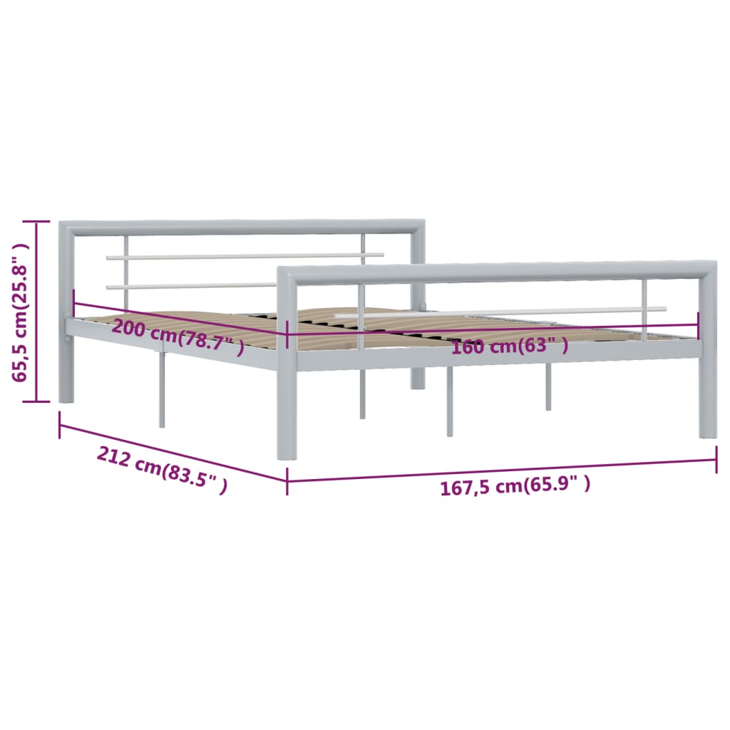 vidaXL Bed Frame | Grey and White | Metal | 160x200 cm | Bed Frame | Rectangular