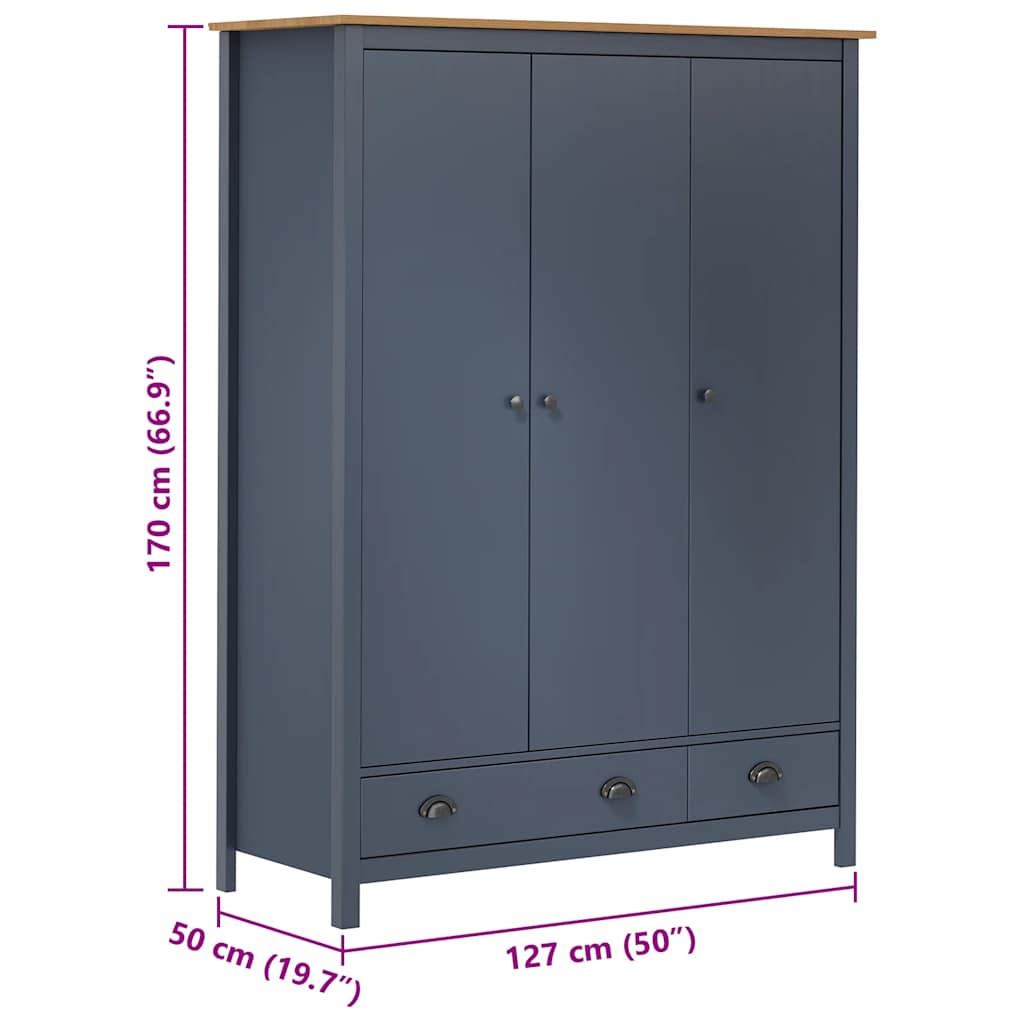 288953 vidaXL 3-Door Wardrobe "Hill" Grey 127x50x170 cm Solid Pine Wood
