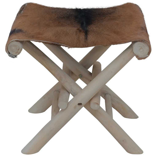 vidaXL Folding Stool Goatskin Leather and Solid Teak Wood