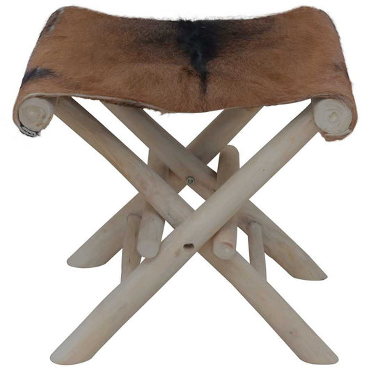 288815 vidaXL Folding Stool Goatskin Leather and Solid Teak Wood