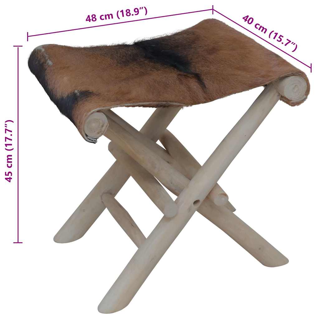 288815 vidaXL Folding Stool Goatskin Leather and Solid Teak Wood
