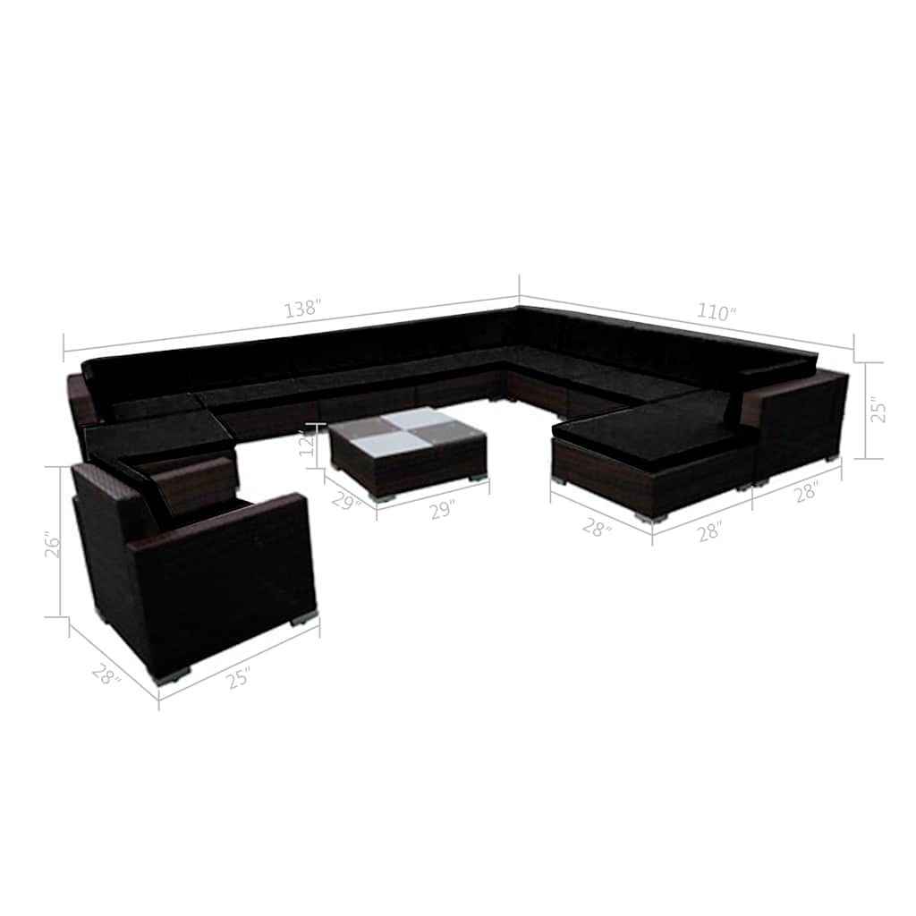 vidaXL 12 Piece Garden Lounge Set with Cushions Poly Rattan Black