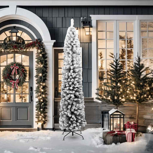 vidaXL Fake Xmas Tree | Green with White Snow Flocking | PVC, Steel | Slim