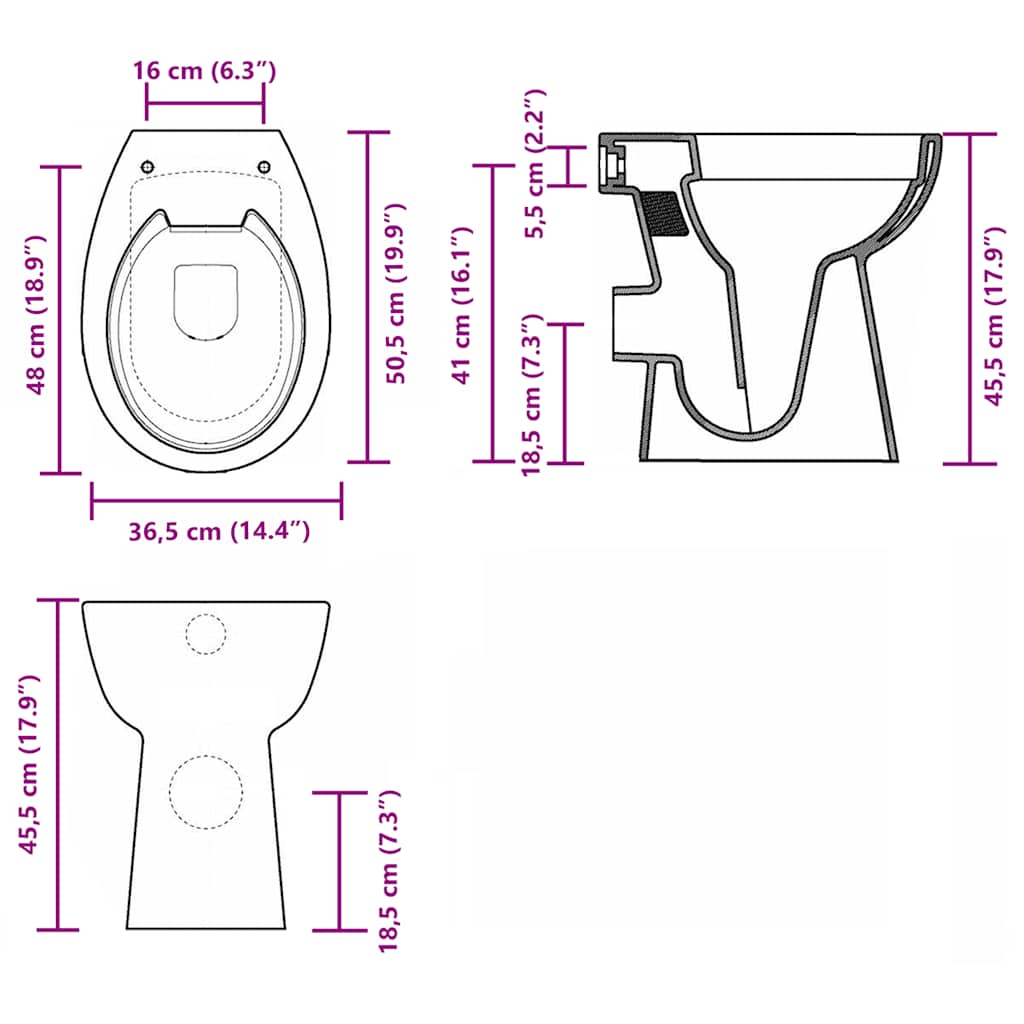 vidaXL Rimless Toilet 7 cm Extra Height Soft Close Ceramic Black