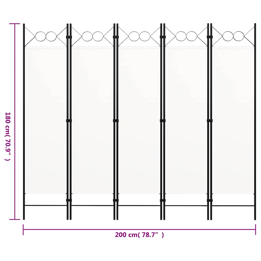 320707 vidaXL 5-Panel Room Divider White 200x180 cm