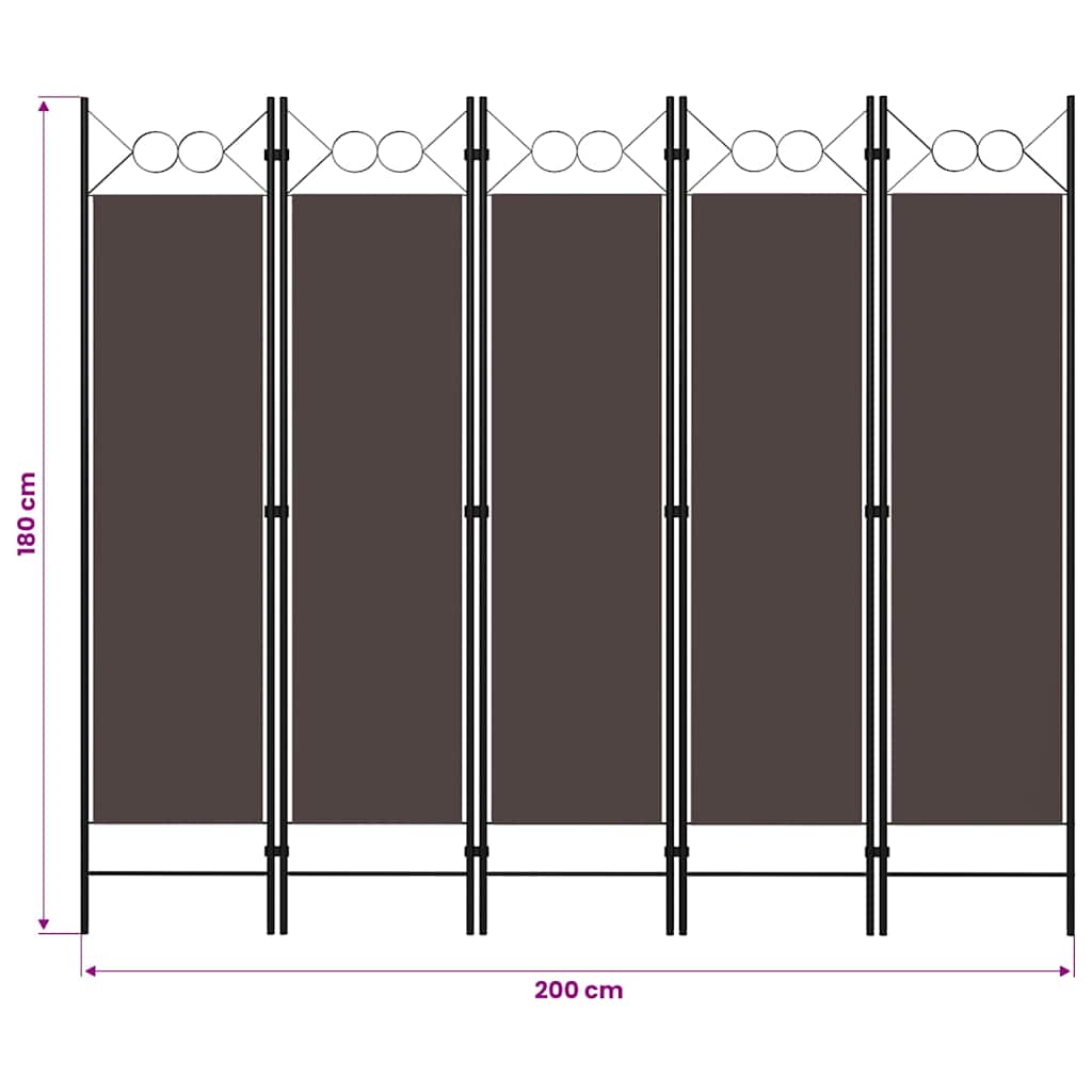 320708 vidaXL 5-Panel Room Divider Brown 200x180 cm