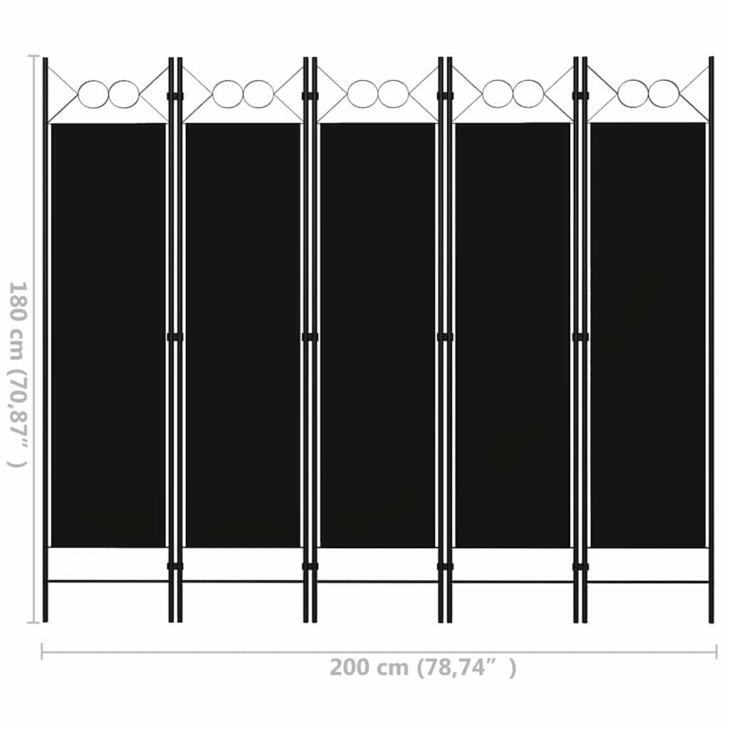 320710 vidaXL 5-Panel Room Divider Black 200x180 cm