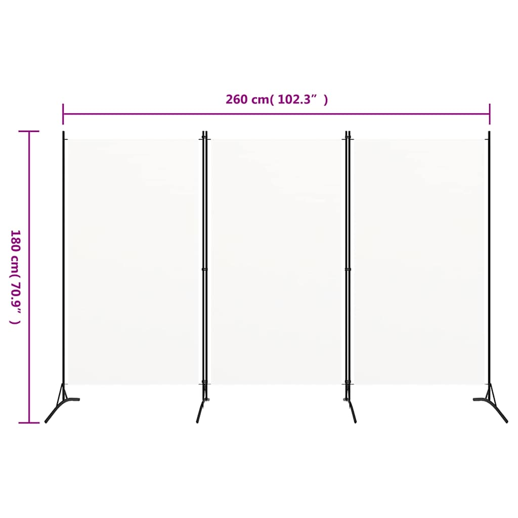 320731 vidaXL 3-Panel Room Divider White 260x180 cm Fabric