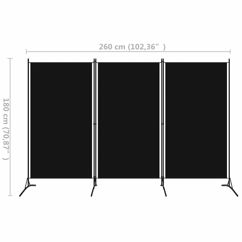 320734 vidaXL 3-Panel Room Divider Black 260x180 cm Fabric