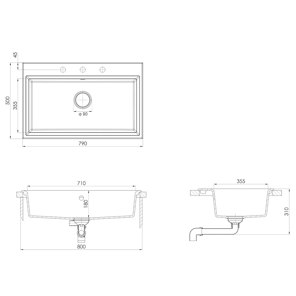 vidaXL Kitchen Sink Black 79 x 50 x 31 cm Granite