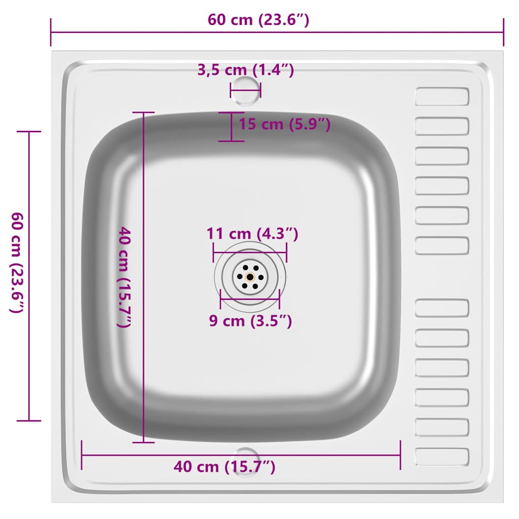 vidaXL Kitchen Sink with Drainer Set Silver 600x600x155 mm Stainless Steel