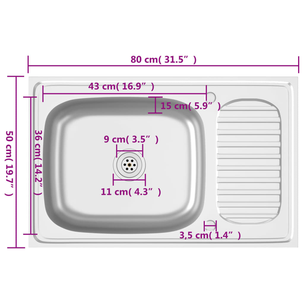 vidaXL Kitchen Sink with Drainer Set Silver 800x500x155 mm