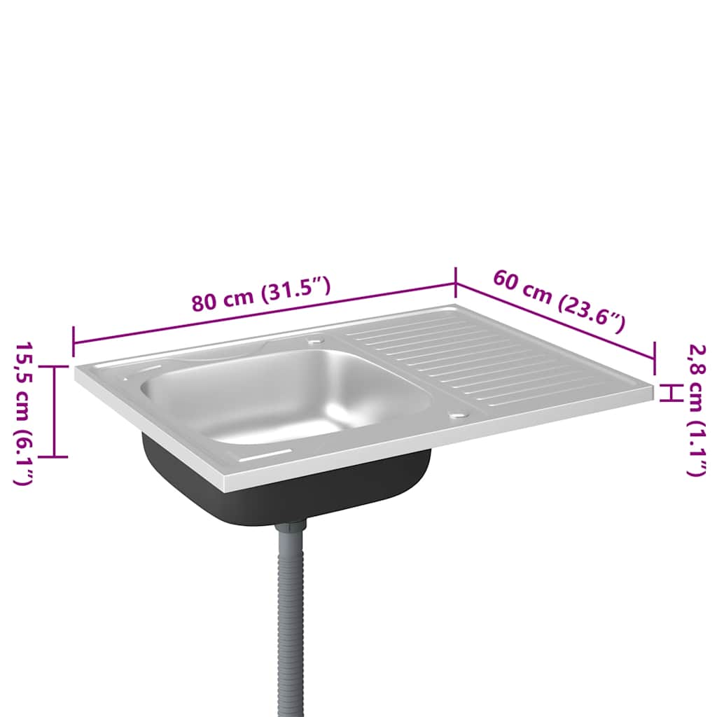 vidaXL Kitchen Sink with Drainer Set Silver 800x600x155 mm
