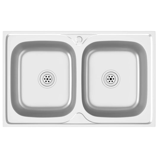 vidaXL Kitchen Sink with Double Basins Silver 800x500x155 mm