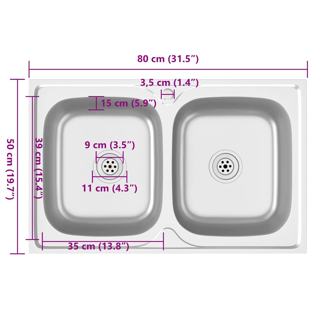 vidaXL Kitchen Sink with Double Basins Silver 800x500x155 mm