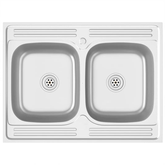 vidaXL Kitchen Sink with Double Basins Silver 800x600x155 mm