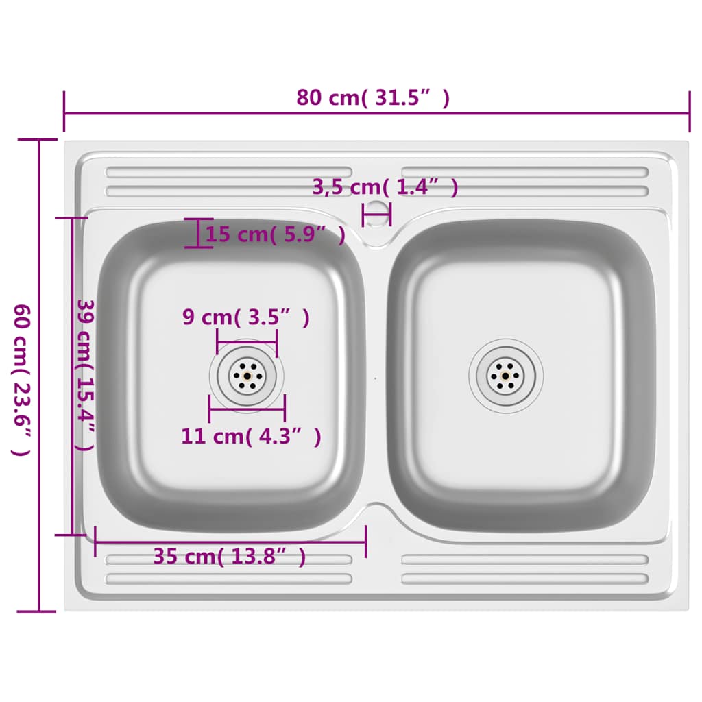 vidaXL Kitchen Sink with Double Basins Silver 800x600x155 mm