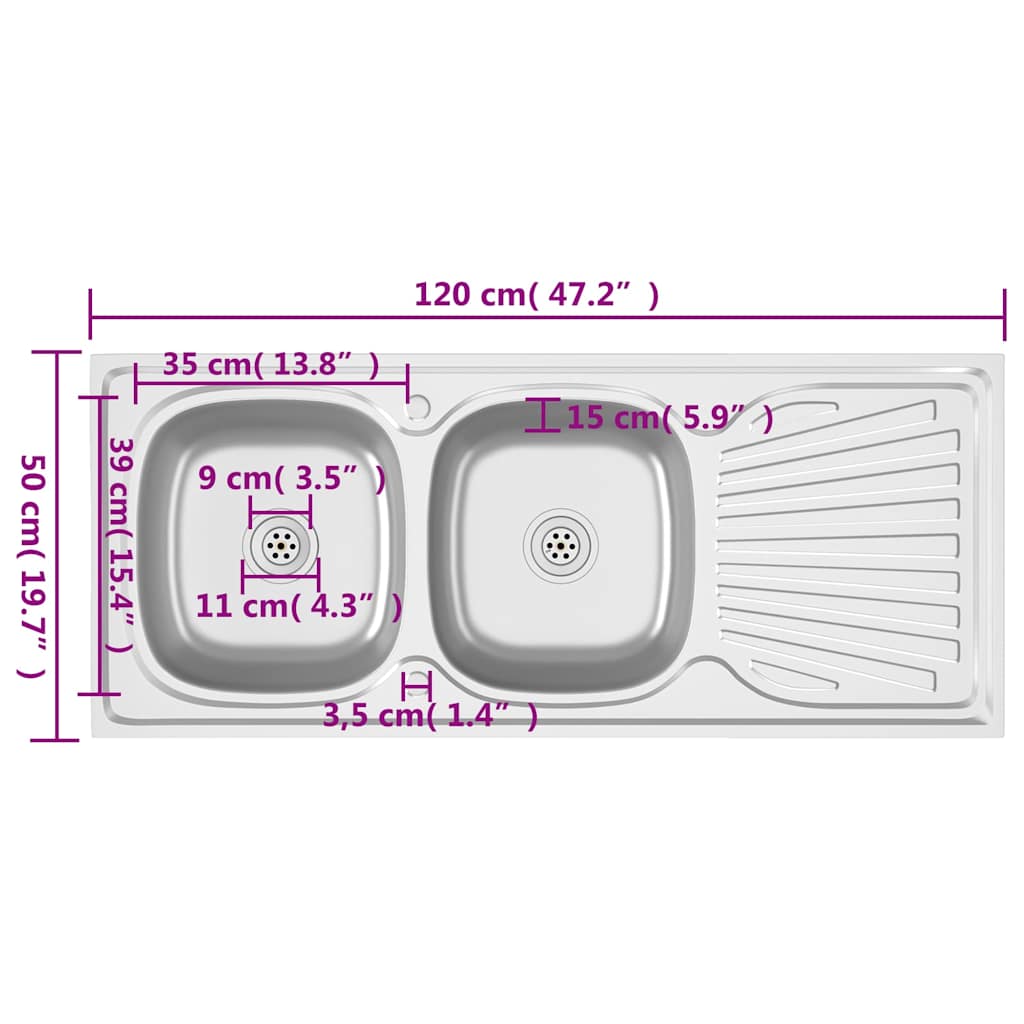 vidaXL Kitchen Sink with Double Sinks Silver 1200x500x155 mm