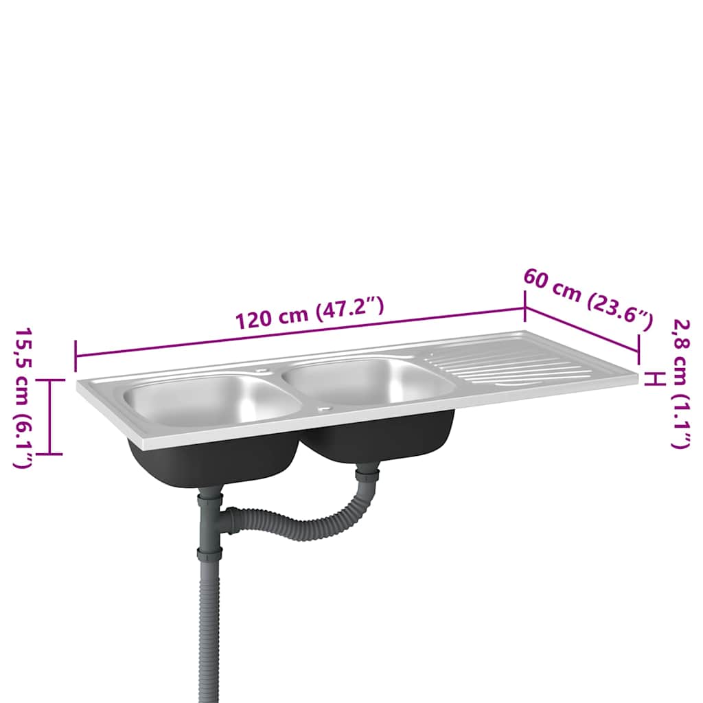 vidaXL Kitchen Sink with Double Sinks Silver 1200x600x155 mm