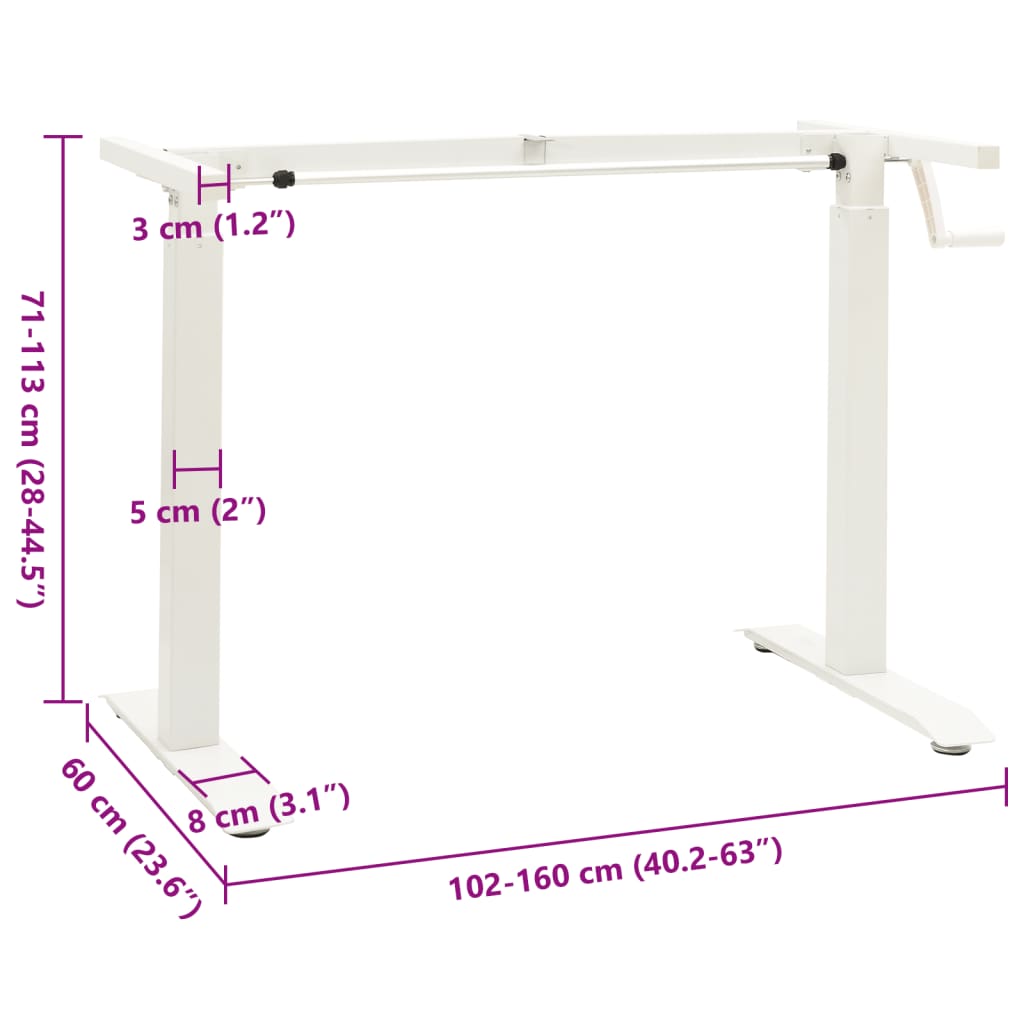 vidaXL Manual Height Adjustable Standing Desk Frame Hand Crank White