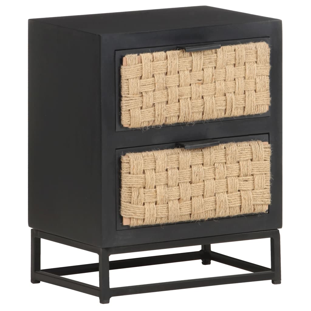 vidaXL Bedside Cabinet | Black, Natural | Solid Mango Wood, Iron, Jute